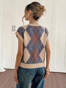 Siren Gaze Striped Top Vintage Versatile Argyle Jacquard Knit Top - Multicolor - View 3