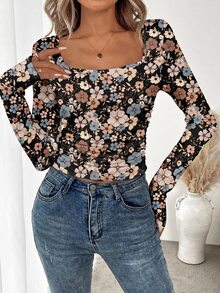 SHEIN LUNE Women's Casual Long Sleeve T-Shirt, Suitable For Autumn/Winter Base Layer, Waist Ruched, Square Neck, Retro Ditsy Floral - Multicolor - View 4