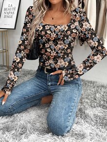 SHEIN LUNE Women's Casual Long Sleeve T-Shirt, Suitable For Autumn/Winter Base Layer, Waist Ruched, Square Neck, Retro Ditsy Floral - Multicolor - View 6