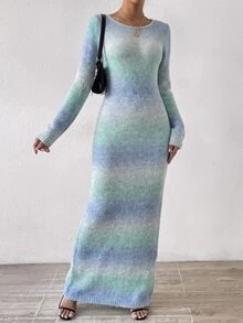 SHEIN Unity 女款綠藍配色毛絨針織洋裝，適合雞尾酒會與外出，秋季優雅性感風 - 彩色 - 查看 1