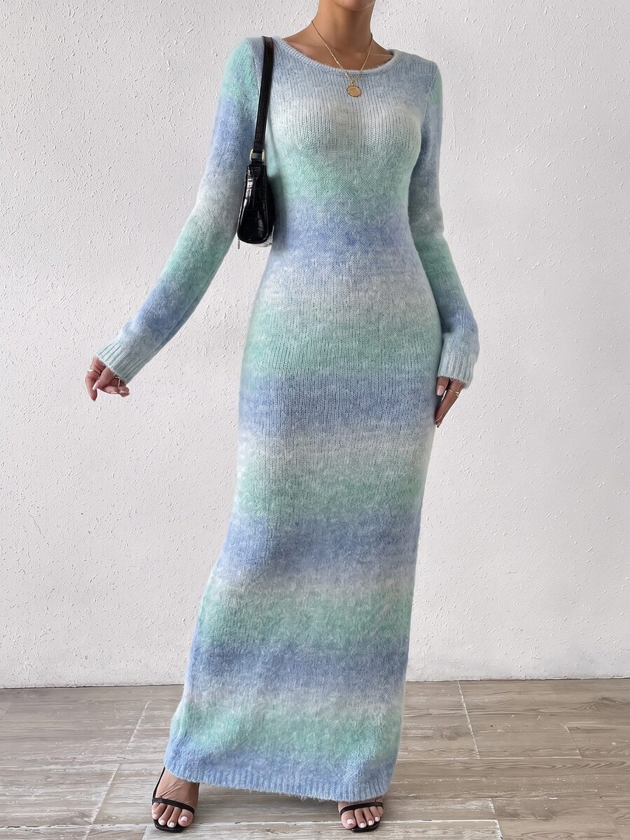 SHEIN Unity 女款綠藍配色毛絨針織洋裝，適合雞尾酒會與外出，秋季優雅性感風 - 彩色 - 查看 1