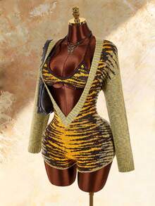 Amplova Women's Tiger Print Deep V-Neck Long Sleeve Knit Romper And Cropped Halter Knit Top 2 Pieces Set - Green - View 4