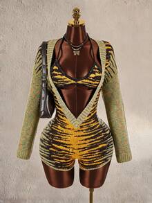 Amplova Women's Tiger Print Deep V-Neck Long Sleeve Knit Romper And Cropped Halter Knit Top 2 Pieces Set - Green - View 3