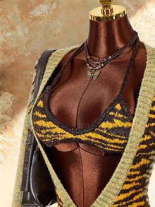 Amplova Women's Tiger Print Deep V-Neck Long Sleeve Knit Romper And Cropped Halter Knit Top 2 Pieces Set - Green - View 5