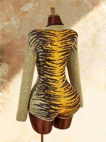 Amplova Women's Tiger Print Deep V-Neck Long Sleeve Knit Romper And Cropped Halter Knit Top 2 Pieces Set - Green - View 13