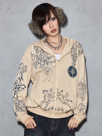 Grunge Punk Herbst/Winter Retro Punk Street Graffiti Tiger Engel Kreuz Muster Offene Front Kapuzenpullover