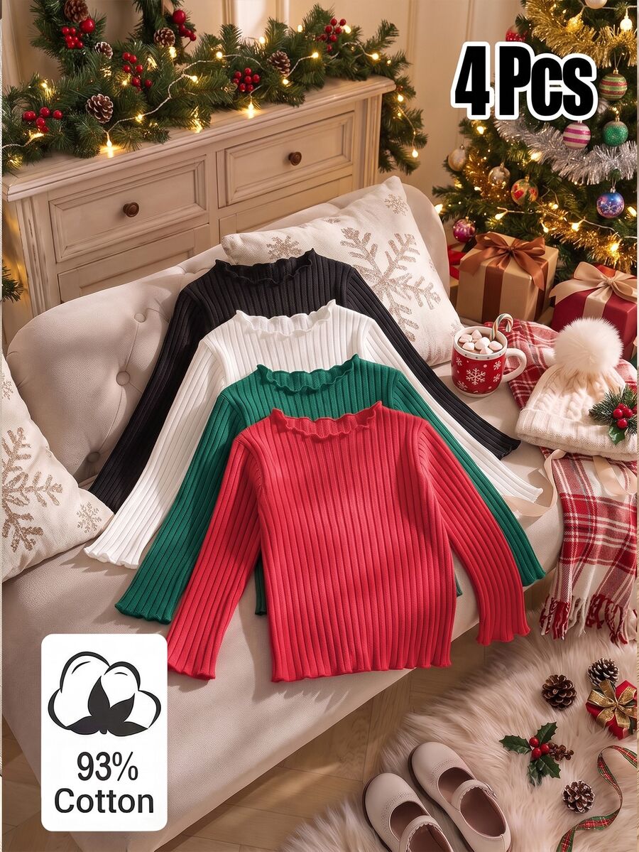 SHEIN Genkimix Kids مجموعة علوية متعددة للفتيات الصغيرات، 4 ألوان مختلفة من القمصان ذات الأكمام الطويلة والكشكشة، الربيع/الخريف/الشتاء، اختيار رائع وقيمة مالية ممتازة. للارتداء اليومي، عيد الميلاد - متعدد الألوان - مشاهدة 1