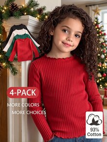 SHEIN Genkimix Kids 女童多件組上衣，4款不同顏色純色荷葉邊長袖上衣，適穿春夏秋冬，可選款式，超值實惠，日常穿著，聖誕節 - 彩色 - 查看 1