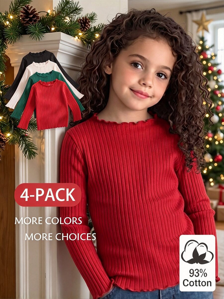SHEIN Genkimix Kids 女童多件組上衣,4款不同顏色純色荷葉邊長袖上衣,適穿春夏秋冬,可選款式,超值實惠,日常穿著,聖誕節 - 彩色 - 查看 1