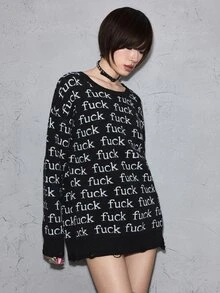 ROMWE Goth 暗黑哥德風萬聖節幽靈臉提花做舊設計圓領套頭寬鬆毛衣 - 黑與白 - 查看 3