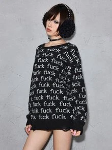 ROMWE Goth 暗黑哥德風萬聖節幽靈臉提花做舊設計圓領套頭寬鬆毛衣 - 黑與白 - 查看 4