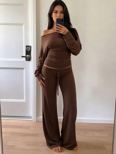 Cévolie Autumn Casual Solid Color Asymmetric Collar Top And Pants 2 Pieces Set