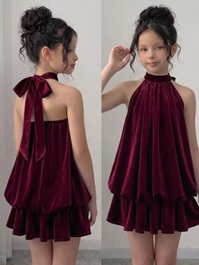 SHEIN 女童素色百褶時尚掛脖洋裝 - 酒紅色 - 查看 8