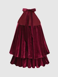 SHEIN 女童素色百褶時尚掛脖洋裝 - 酒紅色 - 查看 3