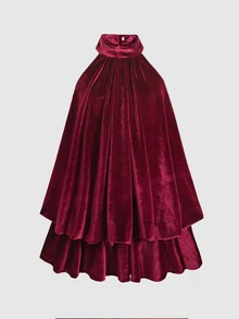 SHEIN 女童素色百褶時尚掛脖洋裝 - 酒紅色 - 查看 2