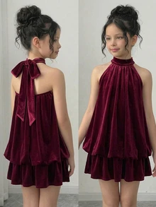 SHEIN 女童素色百褶時尚掛脖洋裝 - 酒紅色 - 查看 1