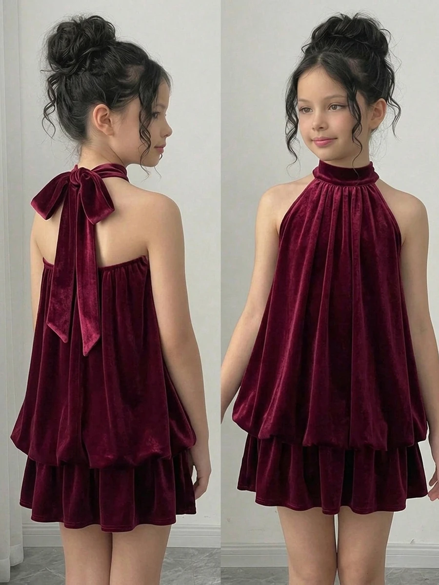 SHEIN 女童素色百褶時尚掛脖洋裝 - 酒紅色 - 查看 1