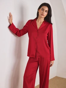 Ocili Set Piyama Wanita Berbahan Benang Emas Mengkilap, Nyaman, dengan Kerah Satin, Lengan Panjang dan Celana Panjang - Burgundy - View 4