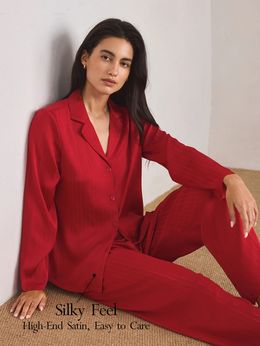 Ocili Set Piyama Wanita Berbahan Benang Emas Mengkilap, Nyaman, dengan Kerah Satin, Lengan Panjang dan Celana Panjang - Burgundy - View 1