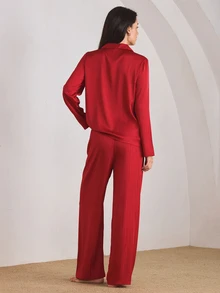 Ocili Set Piyama Wanita Berbahan Benang Emas Mengkilap, Nyaman, dengan Kerah Satin, Lengan Panjang dan Celana Panjang - Burgundy - View 2