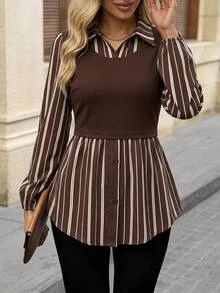 SHEIN LUNE 女款休閒商務優雅條紋拼接二合一上衣 秋冬長袖襯衫 可愛女裝冬季穿搭 教師節辦公室穿搭 - 棕色 - 查看 1