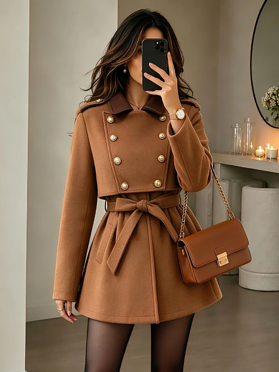 Yalmera Women's Autumn/Winter Contrast Color Lapel Double-Breasted Casual Overcoat - Brown - View 1