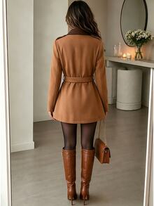 Yalmera Women's Autumn/Winter Contrast Color Lapel Double-Breasted Casual Overcoat - Brown - View 2