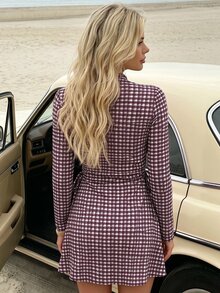 SHEIN PariChic Casual Date Commute Versatile Vintage Brown Plaid Mock Neck Side Tie Waist Women's Short Dress - Brown - View 3