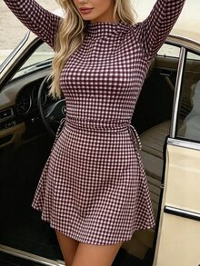 SHEIN PariChic Casual Date Commute Versatile Vintage Brown Plaid Mock Neck Side Tie Waist Women's Short Dress - Brown - View 4