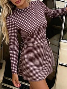 SHEIN PariChic Casual Date Commute Versatile Vintage Brown Plaid Mock Neck Side Tie Waist Women's Short Dress - Brown - View 7