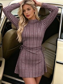 SHEIN PariChic Casual Date Commute Versatile Vintage Brown Plaid Mock Neck Side Tie Waist Women's Short Dress - Brown - View 6