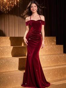 SHEIN Teen Girls Red Sequin Velvet One-Shoulder Halter Neck Mermaid Dress, Slim Fit, Mid-Length, Back Zipper Design, Party, Prom, Formal, Christmas, Fall - Burgundy - View 1