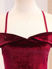 SHEIN Teen Girls Red Sequin Velvet One-Shoulder Halter Neck Mermaid Dress, Slim Fit, Mid-Length, Back Zipper Design, Party, Prom, Formal, Christmas, Fall - Burgundy - View 6
