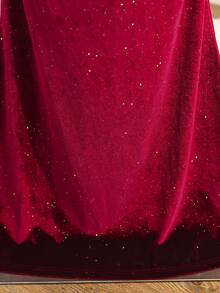 SHEIN Teen Girls Red Sequin Velvet One-Shoulder Halter Neck Mermaid Dress, Slim Fit, Mid-Length, Back Zipper Design, Party, Prom, Formal, Christmas, Fall - Burgundy - View 3
