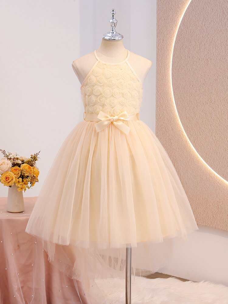 Tween Girls Apricot Satin 3D Mesh Floral Halter Neck Puff Dress, Formal Dress, Luxurious Elegant, Suitable For Evening Party, Banquet, Party, Christmas, Wedding, Flower Girl, Prom, Vacation, Graduation Season, Autumn/Winter Dress, Spring/Summer/Autumn/Winter Back To School Season And Other Occasions - Apricot - View 4