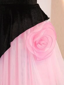 SHEIN Tween Girls Fall Black And Pink Velvet, 3D Organza Flower, Multi-Layer Tulle Puff Skirt, Asymmetrical Petal Design, Halter Neck Knitted Fitted Dress - Black - View 8