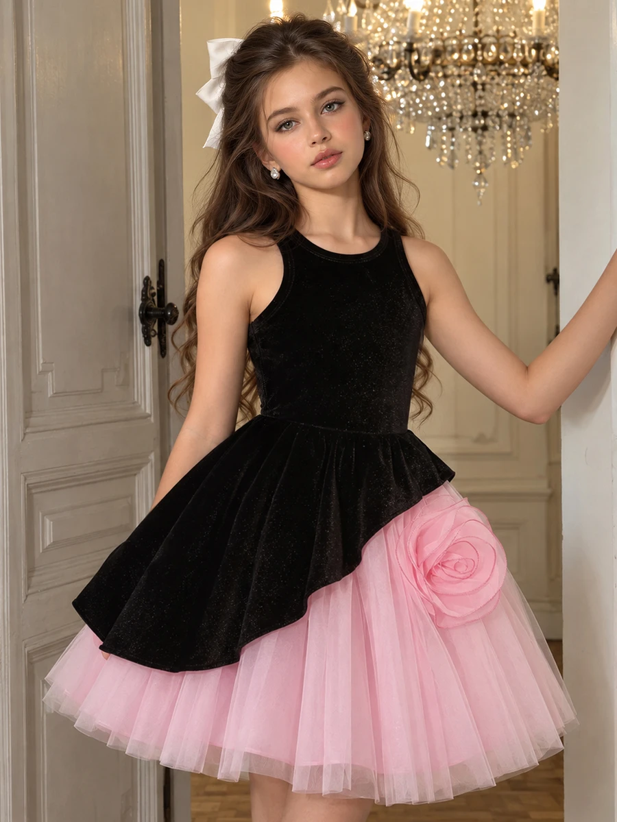 SHEIN Tween Girls Fall Black And Pink Velvet, 3D Organza Flower, Multi-Layer Tulle Puff Skirt, Asymmetrical Petal Design, Halter Neck Knitted Fitted Dress - Black - View 1