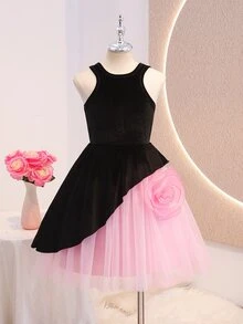 SHEIN Tween Girls Fall Black And Pink Velvet, 3D Organza Flower, Multi-Layer Tulle Puff Skirt, Asymmetrical Petal Design, Halter Neck Knitted Fitted Dress - Black - View 3