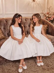 Tween Girls White Satin Tank Dress, Bow Design Sweet, Luxurious Heavy Work Full Skirt, Back Zipper, Suitable For Vacation, Graduation, Flower Girl - White - View 1