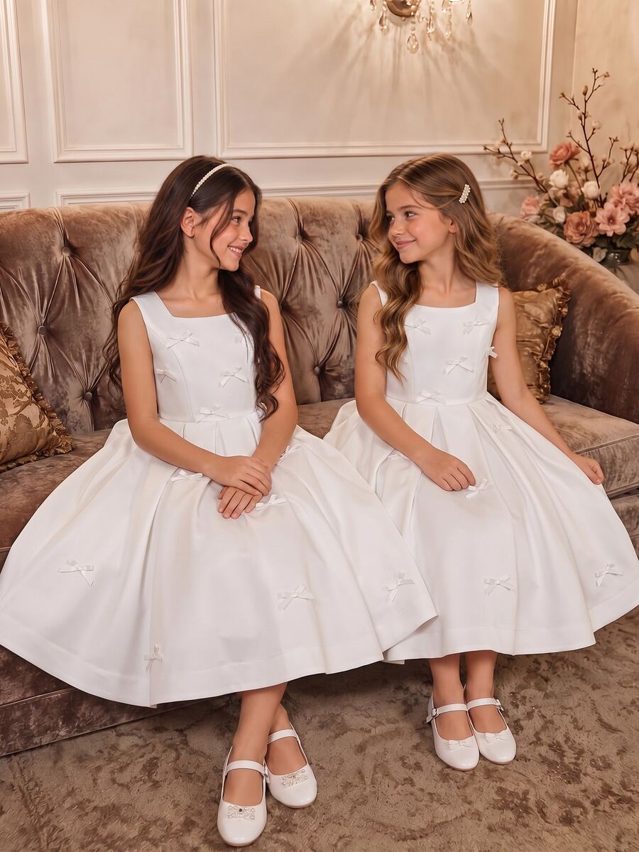 Tween Girls White Satin Tank Dress, Bow Design Sweet, Luxurious Heavy Work Full Skirt, Back Zipper, Suitable For Vacation, Graduation, Flower Girl - White - View 1
