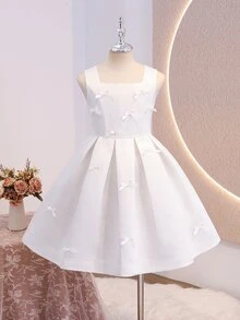 Tween Girls White Satin Tank Dress, Bow Design Sweet, Luxurious Heavy Work Full Skirt, Back Zipper, Suitable For Vacation, Graduation, Flower Girl - White - View 5