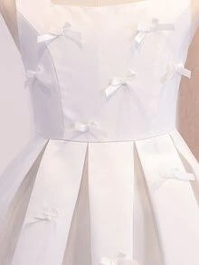 Tween Girls White Satin Tank Dress, Bow Design Sweet, Luxurious Heavy Work Full Skirt, Back Zipper, Suitable For Vacation, Graduation, Flower Girl - White - View 6