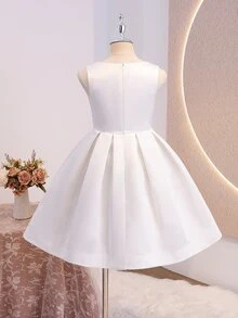 Tween Girls White Satin Tank Dress, Bow Design Sweet, Luxurious Heavy Work Full Skirt, Back Zipper, Suitable For Vacation, Graduation, Flower Girl - White - View 2