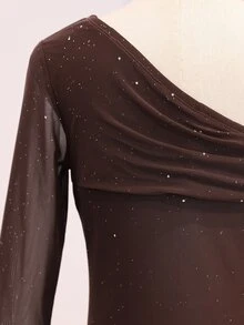 Tween Girls Elegant Off Shoulder Ruched Glitter Dress Fall Holiday Homecoming Formal Party School Birthday Christmas Wedding Outfit Dark Brown - Coffee Brown - View 7