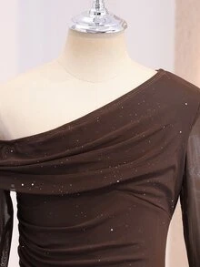 Tween Girls Elegant Off Shoulder Ruched Glitter Dress Fall Holiday Homecoming Formal Party School Birthday Christmas Wedding Outfit Dark Brown - Coffee Brown - View 4