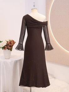 Tween Girls Elegant Off Shoulder Ruched Glitter Dress Fall Holiday Homecoming Formal Party School Birthday Christmas Wedding Outfit Dark Brown - Coffee Brown - View 2