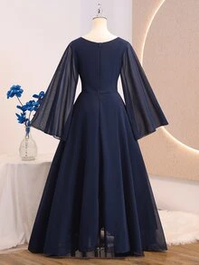 SHEIN 青少年女孩返校禮服 秋季連衣裙 假日禮服 派對禮服 適合秋季 優雅婚禮 生日 校園 聖誕節 雪紡長袖 海軍藍 M - 藏蓝色 - 查看 2
