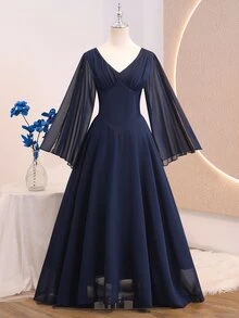 SHEIN 青少年女孩返校禮服 秋季連衣裙 假日禮服 派對禮服 適合秋季 優雅婚禮 生日 校園 聖誕節 雪紡長袖 海軍藍 M - 藏蓝色 - 查看 6