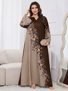 Al Najma 大尺碼女款花卉印花對比色長袖傳統阿拉伯式長袍 - 棕色 - 查看 3