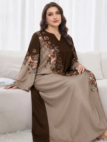 Al Najma 大尺碼女款花卉印花對比色長袖傳統阿拉伯式長袍 - 棕色 - 查看 4